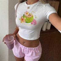 Camiseta de Frutas Tropicales para Mujer, Top de Vacaciones con Estampado de Coco, Prenda de Estética Costera, Ropa de Verano para Vacaciones, Venta al por Mayor