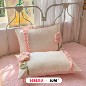 Girly 3D Embroidered Fleece <b>Bedding</b> <b>Set</b> Four-Piece Winter Warm Soft Pink Flower Design Breathable Skin Friendly - Product Image 4