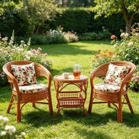 Ensemble de trois fauteuils modernes en rotin naturel avec petite table à thé, écologiques, pour l'extérieur et le salon, décoration intérieure