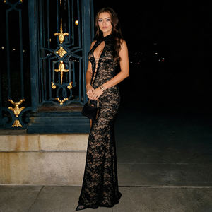 Vestido largo de encaje estilo chino con aberturas, cuello alto, lazo cruzado frontal, abertura lateral, sexy, formal, para noche. - Product Image 5