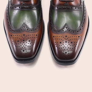 Chaussures Oxford en cuir véritable pour hommes, style business formel, marron-vert, perforées, bout carré - Product Image 5