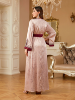Robe Abaya vintage à col en V, broderie en strass, polyester satiné respirant, avec ceinture, robe longue maxi pour femmes musulmanes