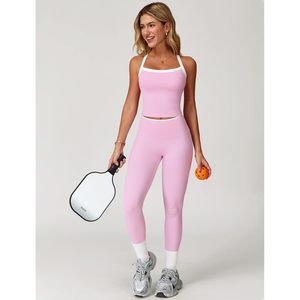 Conjunto Deportivo de Dos Piezas para Mujer, Top Corto Rosa, Leggings de Cintura Alta, Tirantes Finos, Cuello Cuadrado, Elástico en Cuatro Direcciones, Traje de Yoga - Product Image 3