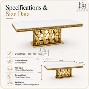 Mesa de Comedor Premium de Acero Inoxidable Dorado con Cubierta Blanca y Base Decorativa en Escalón, Proveedor Mayorista para Banquetes de Boda - Product Image 3