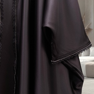 9.9 Smooth Satin Muslim Women Latest <b>Abaya</b> Shiny Diamond With Lace Border Batwing Sleeves Gaily New Muslim Open <b>Abaya</b> 1429# - Product Image 2