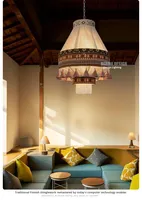 Lustre en tissu de coton et de lin avec corde en fer, style bohème marocain rétro, LED, économie d'énergie, hauteur réglable, pour salon