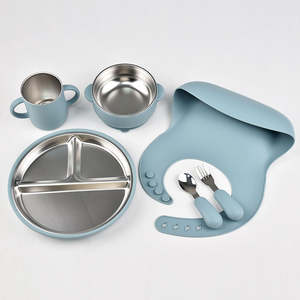 Nuevos <span class=keywords><strong>Productos</strong></span> para Niños, Juego de Alimentación Infantil de Silicona y Acero Inoxidable 304, Tenedor, Cuchara, Pajita, Vaso Antiderrames, Tazón de Comida, Plato con Succión - Product Image 3