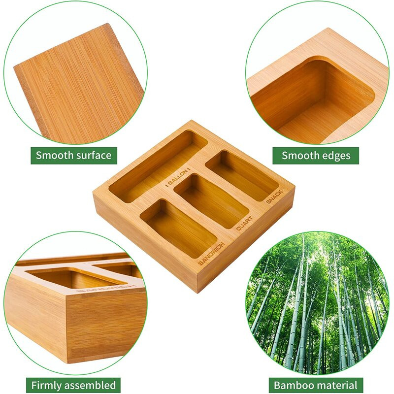 Bamboo ziplock bag storage organizer and dispenser for kitchen drawer