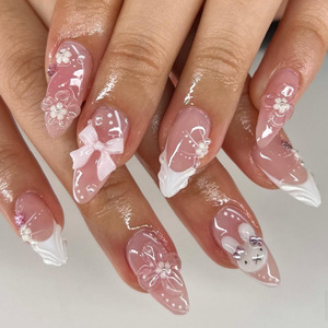 Vente en gros à bas prix, Faux ongles à presser semi-artisanaux appliqués à la machine, <span class=keywords><strong>Manucure</strong></span> française 3D avec nœuds et perles, Rose effet miroir magique - Product Image 4