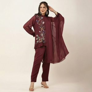 Elegante Vestido Casual de Mujer con Bordado, Cuello Mandarín, Estilo Boho Holgado, Manga Larga, Georgette - Product Image 1