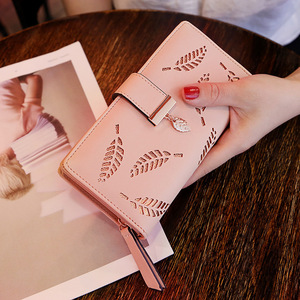 Lady PU Leather <b>Card</b> <b>Holder</b> <b>Wallet</b> with Leaf Pattern Zipper Closure Brown and Blue 7 Inch Multi <b>Card</b> Case <b>for</b> Women - Product Image 3