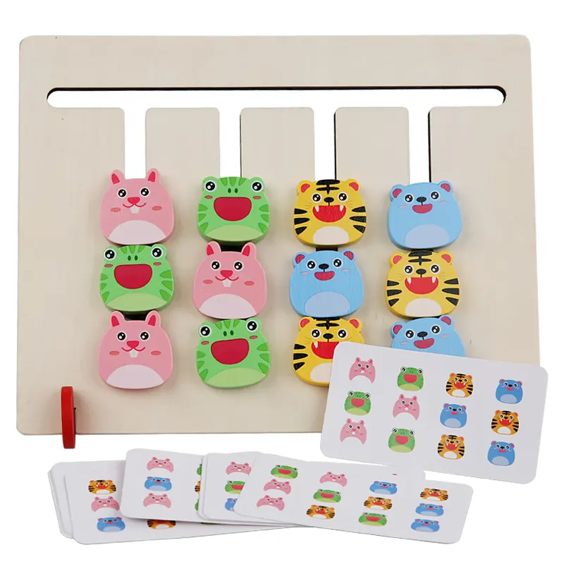 Montessori Wooden two-sided Animal Slide Puzzle with Card Matching Brain Teasers Logic Game Toy For Children Kids Boys & Girls