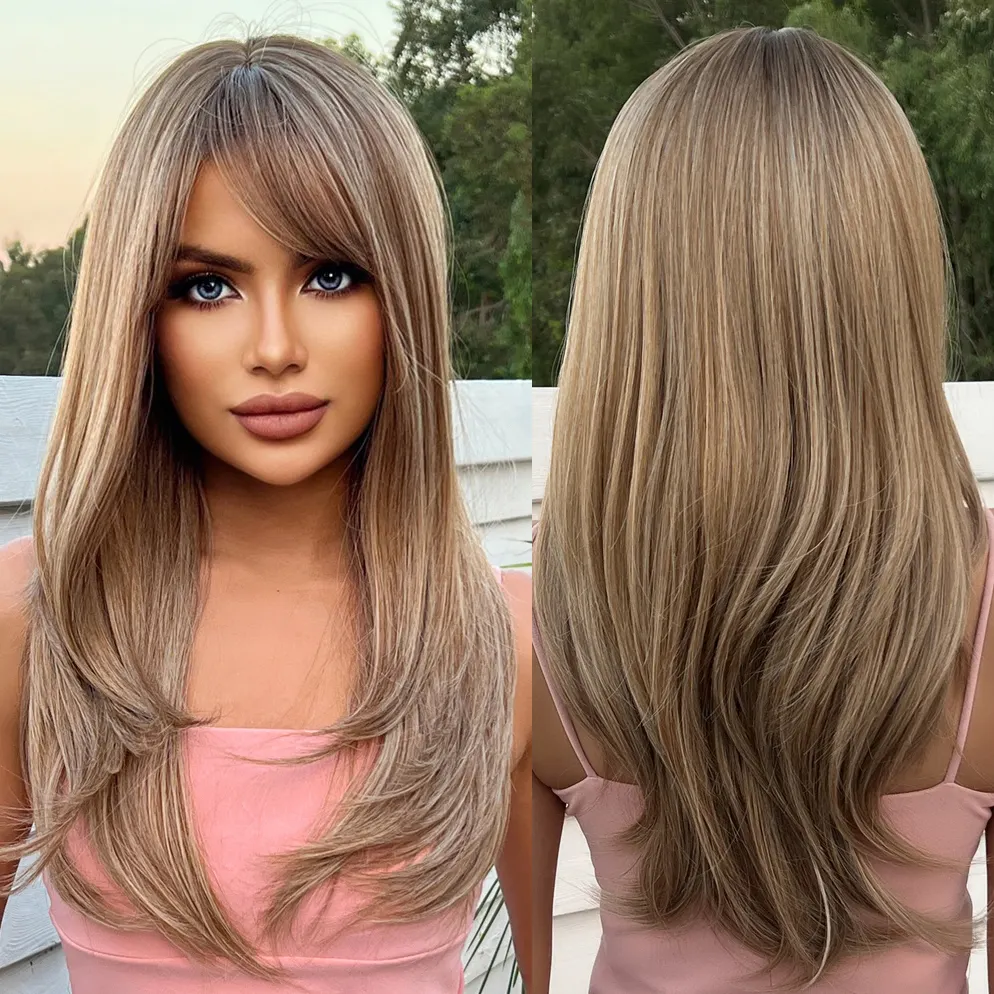 Nhà Máy Giao Hàng Nhanh Tổng Hợp Chịu Nhiệt Tóc Giả Brown Blonde Vệt Với Bangs Tóc Thẳng Ánh Tự Nhiên Mềm Mại