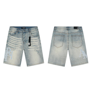 Premium Original Edition AMRY 1.1 Summer Denim <strong>Shorts</strong> Vintage Washed Letter Embroidery Patch Ripped <strong>Jean</strong> Trousers <strong>High</strong> Street - Product Image 4