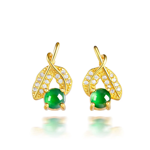 Natural genuine A-grade jade cherry green ice-grade jadeite <b>stud</b> <b>earrings</b> in 925 silver setting for ladies - Product Image 1