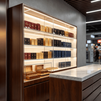 Comptoir de présentation de cigarettes en bois laqué haut de gamme avec caisse intégrée, vitrine à cigares en verre