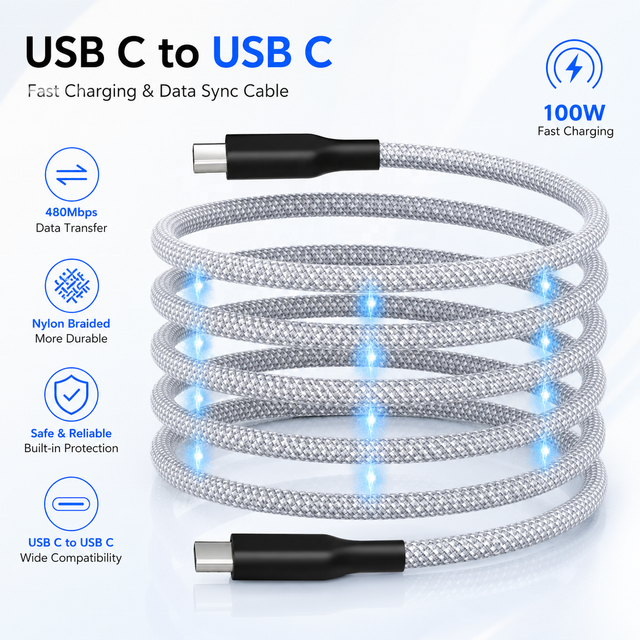 Premium 100W PD Magnetic Self-coiling USB-C to C Fast Charging Cable, Tangle-Free Silicone Auto Winding Data Cord