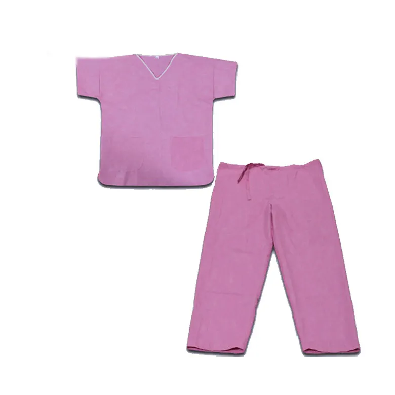 45g L pink Class II Disposable Scrub Suits with Short Sleeve V-Collar 3 Pockets
