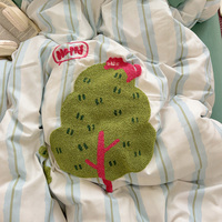 Serviette d'arbre mignon en polyester lavé-Ensemble de literie 4 pièces brodé avec housse de couette Drap de lit et taies d'oreiller