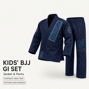 Ensemble <span class=keywords><strong>de</strong></span> Kimono BJJ pour Enfants, Uniforme <span class=keywords><strong>de</strong></span> Jiu-Jitsu Brésilien, Tenue <span class=keywords><strong>de</strong></span> Judo pour Garçons, Veste et Pantalon Bleu Marine à Bordure Ondulée avec Logo Personnalisé - Product Image 1