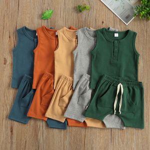 Conjunto de Ropa de Verano para Bebés y Niños Pequeños, 100% Algodón, Camiseta sin Mangas con Bolsillo y Pantalones Cortos, Marca OEM - Product Image 1