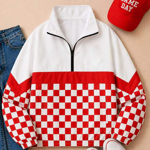 <span class=keywords><strong>Chaqueta</strong></span> <span class=keywords><strong>Cortavientos</strong></span> Oversize de Poliéster 100% para Venta al por Mayor, Estilo Urbano, con Logotipo de Equipo Vintage Personalizado, para Hombre y Mujer, con Cierre de Cremallera 1/4 y Cuello Alto a Cuadros - Product Image 5