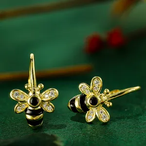 Grace Jewelry Classic Cartoon Shape Black Gemstone Gold Plated 925 Sterling Silver Bee Cute Animal Earrings with Natural Stone