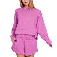 Vente en gros de pulls ras du cou à manches longues en coton pour l'été personnalisés ensemble deux pièces pour femmes