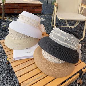 Summer New Pearl Mesh Sunshade Straw Hat Female Bowknot Bucket Hat Wholesale Straw Hat - Product Image 1