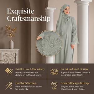 Conjunto de Abaya Musulmana con Hiyab a Juego, Puños Bordados Florales, Multicolor, ODM - Product Image 2