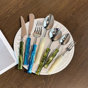 High-quality 304 stainless steel acrylic bamboo handle Western restaurant/hotel light luxury knife, fork, and spoon <b>set</b> - - Product Image 2