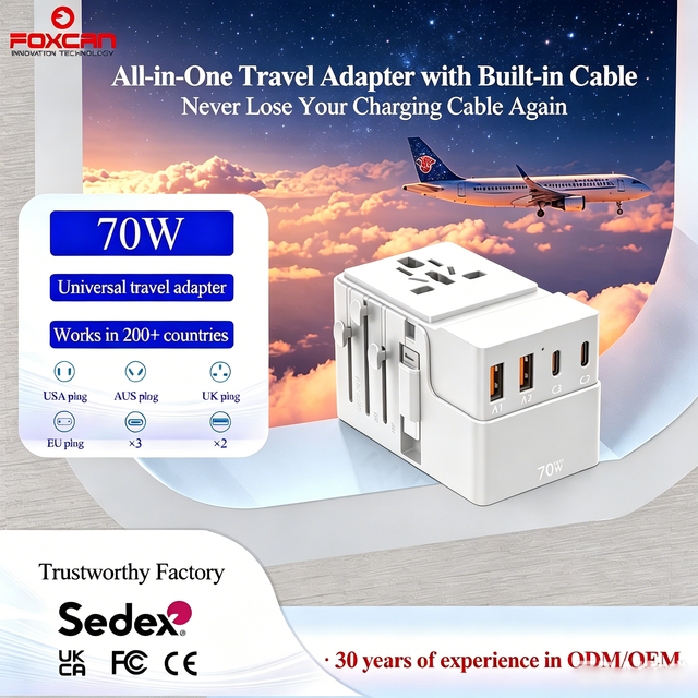 Foxcan Whosale GaN 70W 3USB-C+2USB-A Universal Travel Adapter with Type-C & USB Ports for Laptop