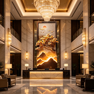 Wholesale Custom <b>Framed</b> LED Light Crystal Porcelain <b>Wall</b> Art Golden Ginkgo Tree Mountain Sunset Landscape Entryway Home Decor - Product Image 6