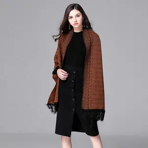 European fashion style big checked pattern knitting shawl with sleeves for women