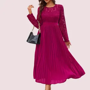 Long Sleeve Round Neck Waist Solid Color Pleated Chiffon Patchwork Lace Dress Evening Dress For Women