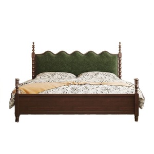 Vintage Style Solid Wood Upholstered <b>Bed</b> 1.8m Master Bedroom Double <b>Bed</b> Retro Wave Headboard American Soft Fabric Bedroom - Product Image 5