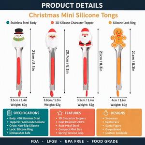 Pinzas de Cocina de Silicona de 7 Pulgadas con Logotipo Personalizado, Pinzas para Asar de Acero Inoxidable, Diseño Navideño, OEM ODM - Product Image 2