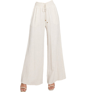 Sports de plein air personnalisés smockés cordon de serrage <span class=keywords><strong>pantalon</strong></span> ample <span class=keywords><strong>grande</strong></span> <span class=keywords><strong>taille</strong></span> femmes décontracté vacances <span class=keywords><strong>blanc</strong></span> <span class=keywords><strong>pantalon</strong></span> en <span class=keywords><strong>lin</strong></span> - Product Image 2