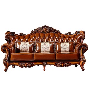Juego de Sofás de Cuero Genuino Estilo Europeo, Cuero Vacuno de Primera Calidad, Madera Maciza Tallada, Muebles para Sala de Estar - Product Image 5