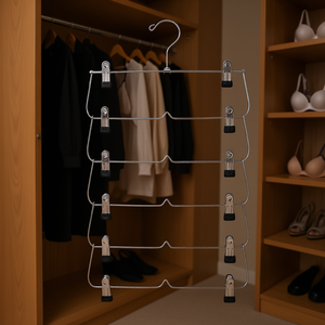 Porte-vêtements pliable chromé à 6 niveaux avec pinces pour vêtements, pantalons, jupes, soutiens-gorge, organisation de placard, gain de place, organisateur suspendu - Product Image 2