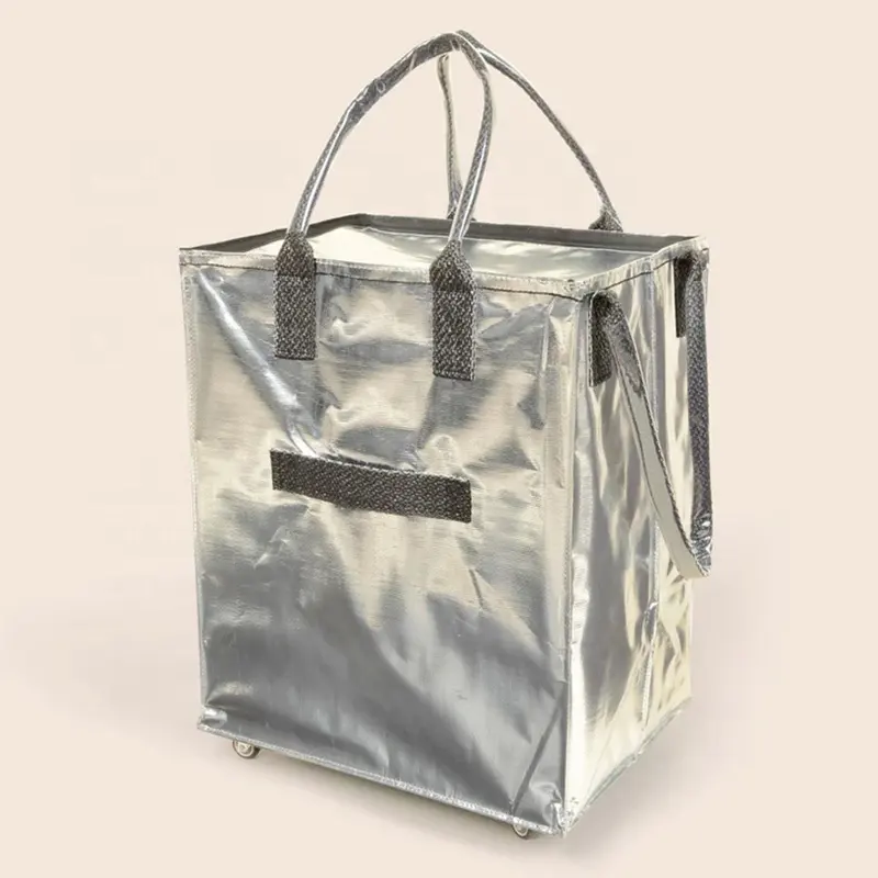 Oemショッピングトートローリングバッグホイール付き折りたたみ式食料品PP織りショッピングバッグ折りたたみ式トロリーバッグ