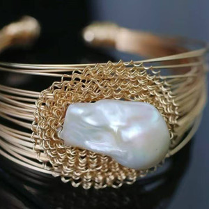 14K Gold Filled Handmade <b>Cuff</b> <b>Bracelet</b>, Heavy Craft Natural Baroque Freshwater Pearl Bangle with Bright Luster Jewelry factory - Product Image 4