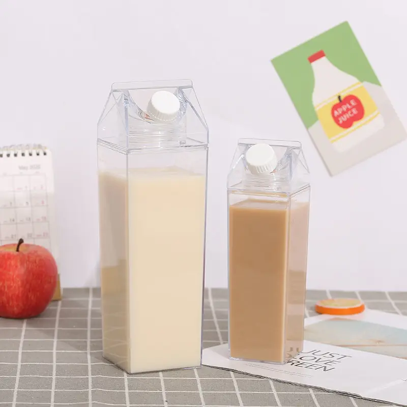 Garrafa de água de suco de leite, garrafa quadrada portátil de plástico para beber leite, copo para uso ao ar livre, 500ml/1000ml