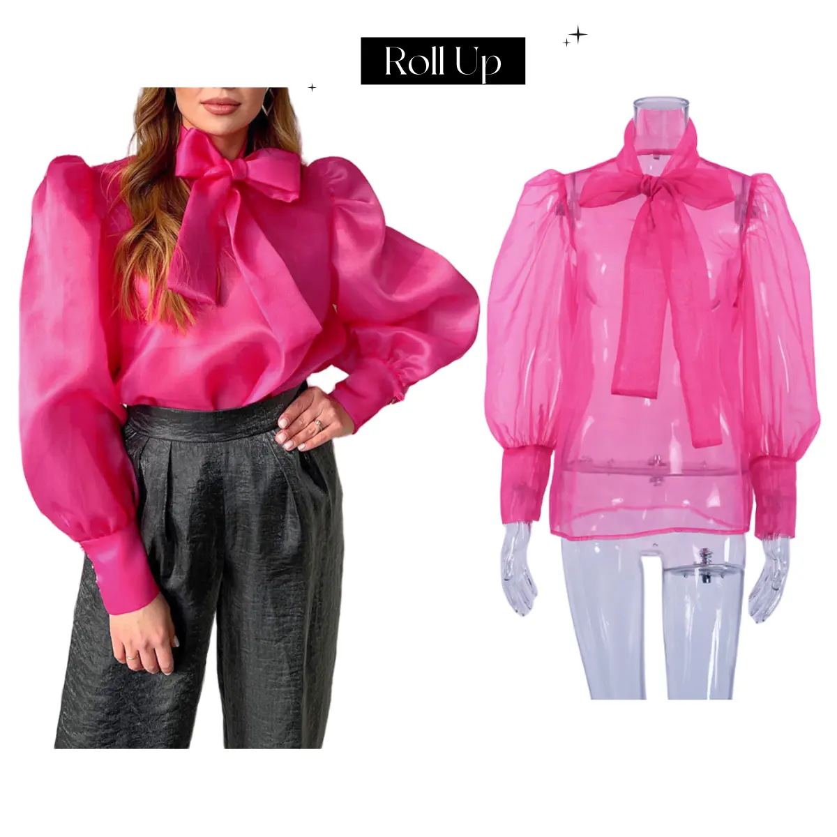 Roze Stropdas Hals Organza Blouses Lente Vrouwen Kleding Shirt Cbubble Pullover Top Poff Mouw Doorzichtige Blouse