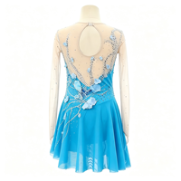 Robe de patinage bleu roi à col rond, manches longues en maille nude, ornée de strass floraux, pour enfants et adultes, compétition et performance