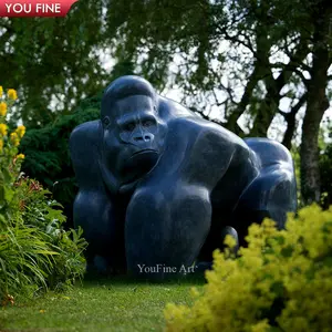 Scultura di Gorilla della statua della scimmia di marmo intagliata a mano degli animali di pietra nera del giardino all'aperto - Product Image 1