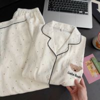 Dames lente/zomer/herfst lange mouwen elegante pyjamaset met letterprint 100% katoen reverskraag elastische taille sneldrogend