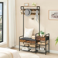 Rustique marron noir 5 en 1 porte-manteau en bois avec banc boîte de rangement à rabat patères porte-chaussures organisateur d'entrée