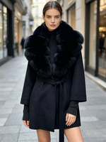 Manteau en laine mélangée cachemire Janveny 2026, nouvelle collection hiver, pour femme, ceinturé, épais, chaud, avec col en vraie fourrure naturelle et manches en tricot