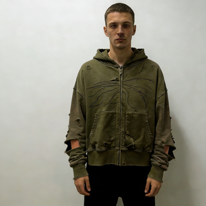 लोगों ने जैतून के हरे रंग के हुडी को ओवरसाइज़ किया हुआ ग्राफिक सिलाई कच्ची मिट्टी की जेब से आकस्मिक स्ट्रीटवियर - Product Image 1